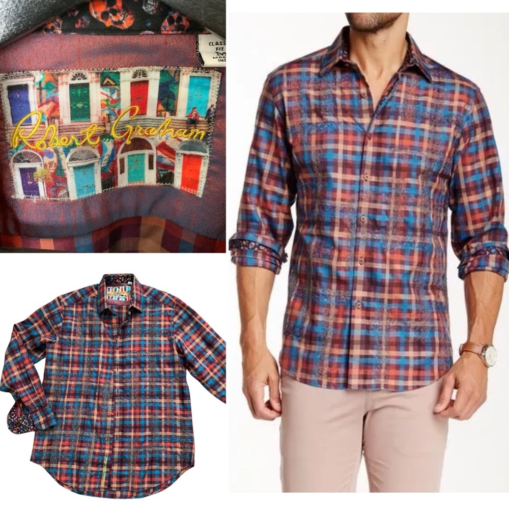 Robert Graham MacCabe Printed Classic Shirt Embroidered Plaid Skulls sz Med